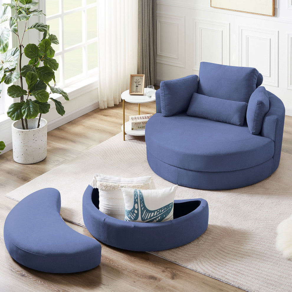 Modern Grey Sofa with a Storage and a Big Round Linen Fabric Chair for Lounge, Blue