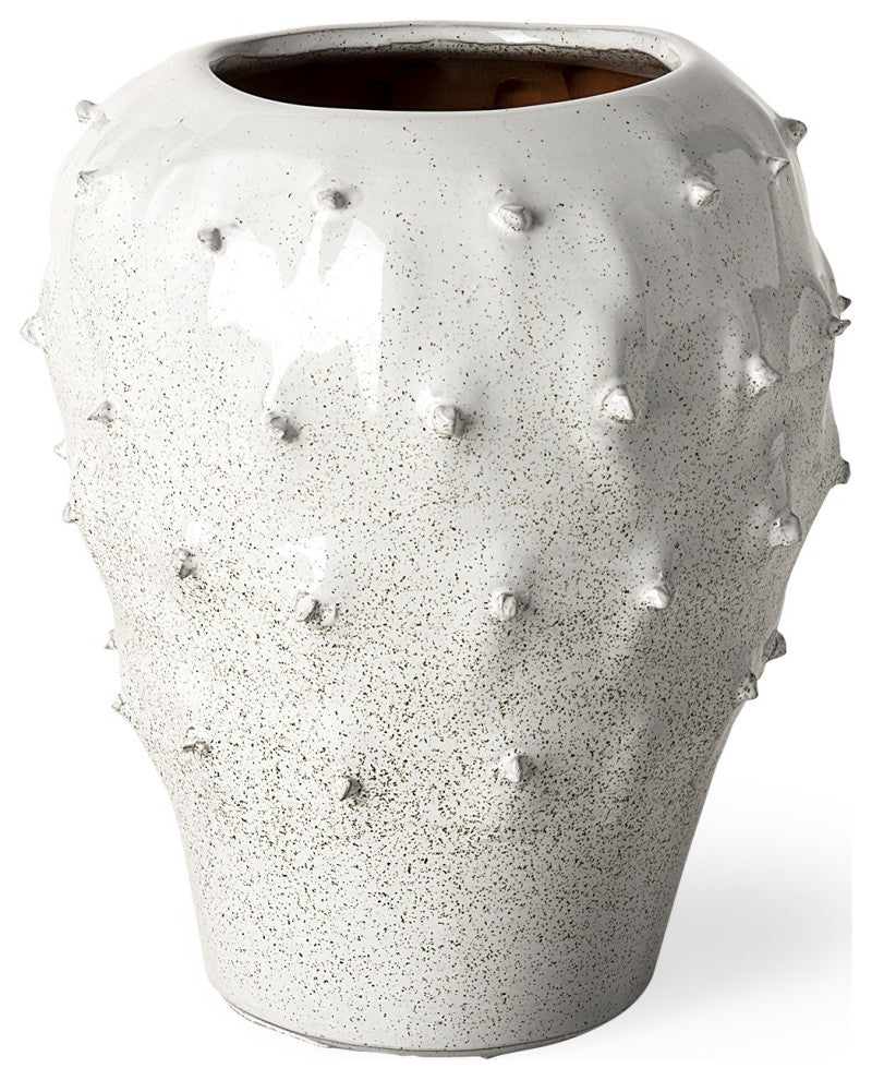 11' White Spiked Organic Glaze Large Mouth Ceramic Vase
