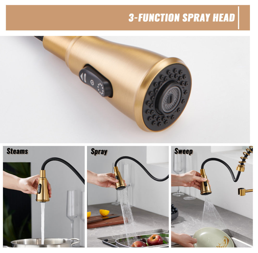 Single Handle Kitchen Faucet Pull-Down Sprayer, 360 Swivel, Three Functions, Brushed Gold