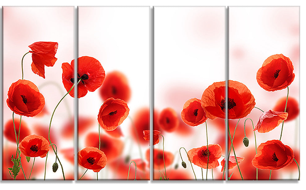 Poppy Flowers on Pink Background, Floral Canvas Art Print, 48"x28", 4 Panels
