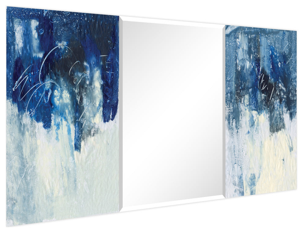 Abstract Rectangular Beveled Wall Mirror on Free Floating Printed Tempered Glass