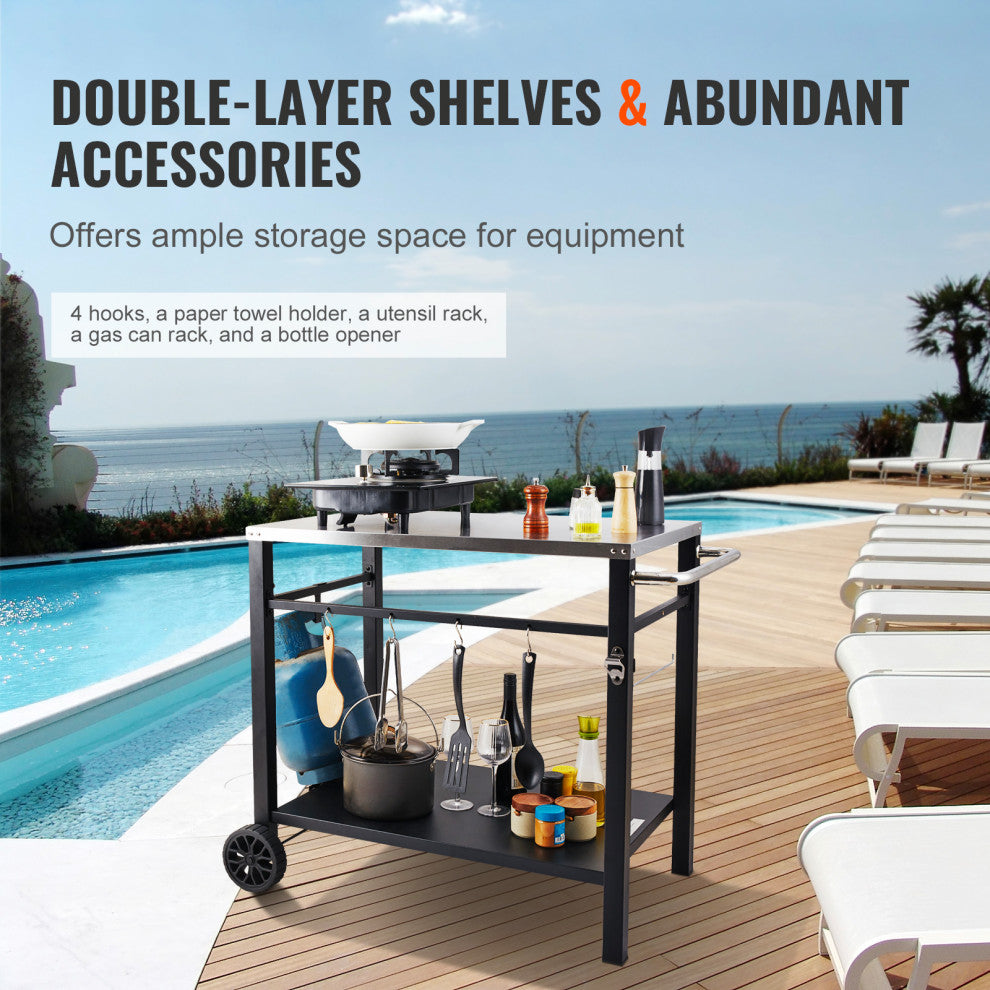 VEVOR Outdoor Grill Dining Cart Double-Shelf BBQ Movable Food Prep Trolley Patio