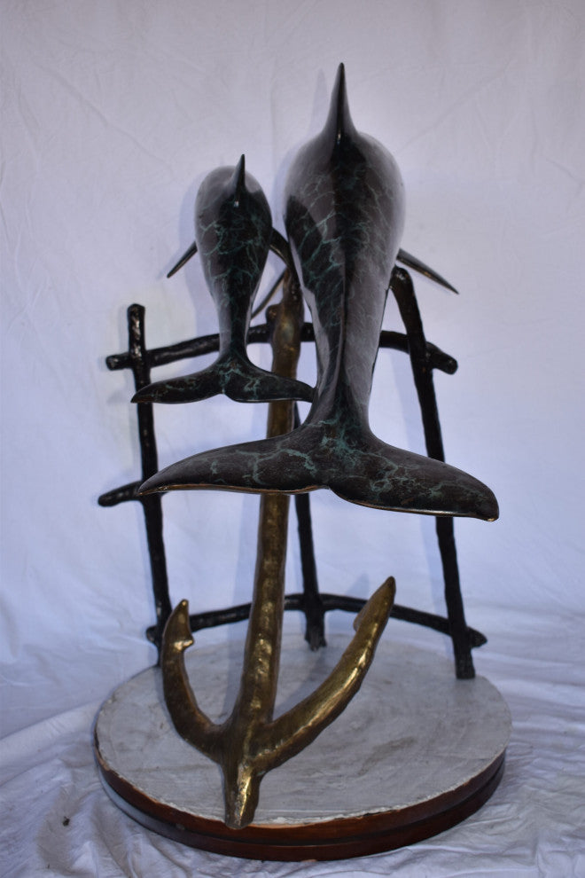 Two Dolphins Swimming Bronze Statue slight paint damage 46"x 23" x 36"H