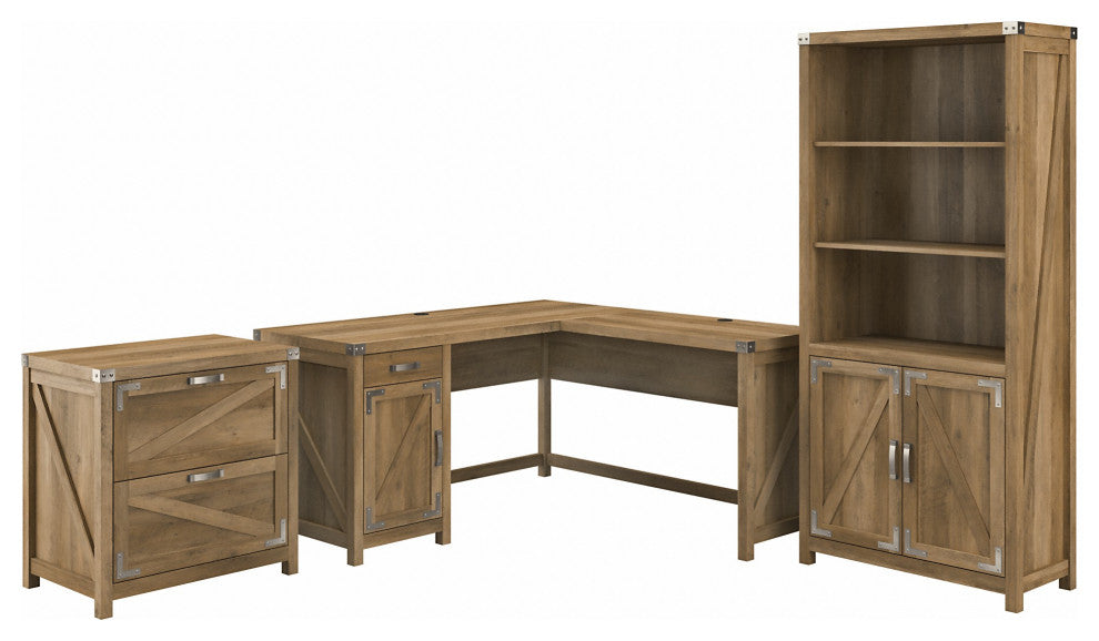 kathy ireland Cottage Grove 60 L Shaped Desk, Cabinet & Bookcase, Reclaimed Pine