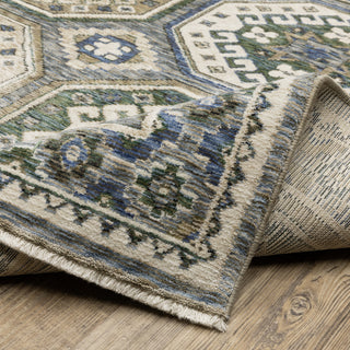 Hanford Panel Medallion Ivory/Blue Fringe Edge Area Rug 6'7" x 9'6"