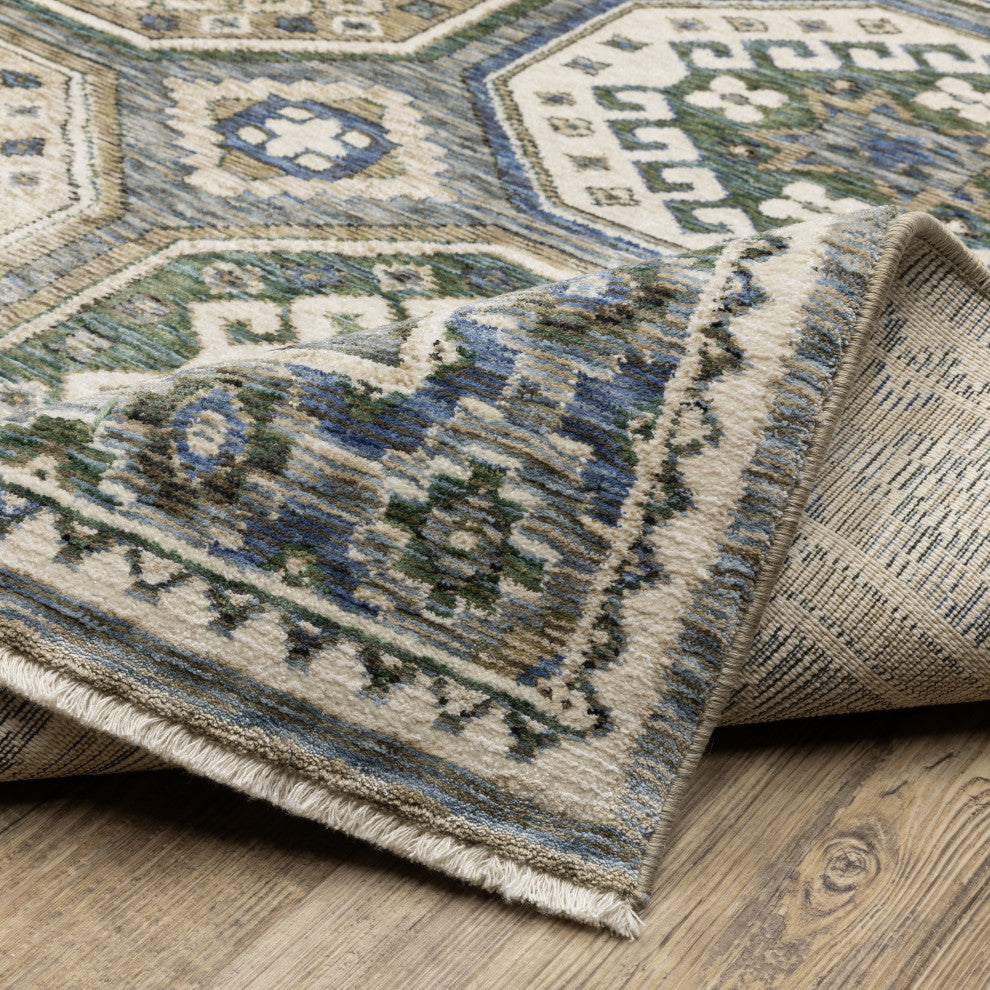 Hanford Panel Medallion Ivory/Blue Fringe Edge Area Rug 6'7" x 9'6"