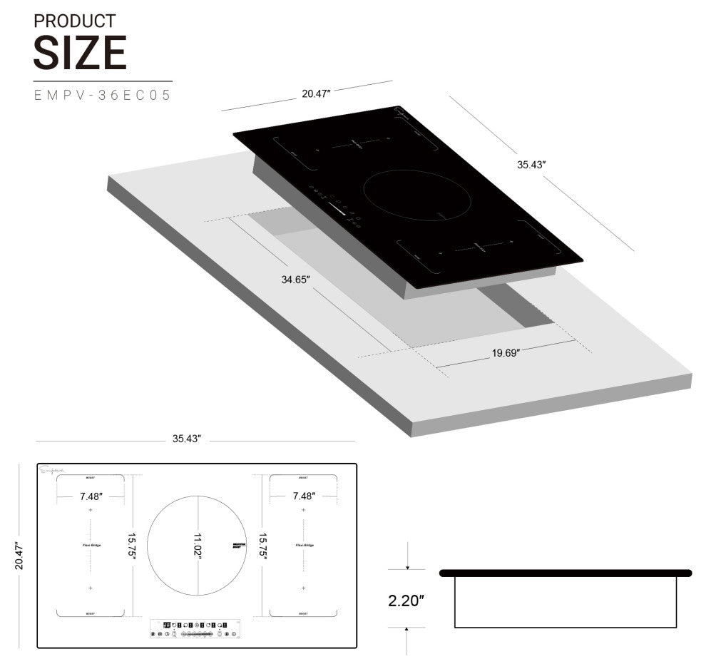 Built-in 36" 5 Elements Black Induction Cooktop Including Bridge Element