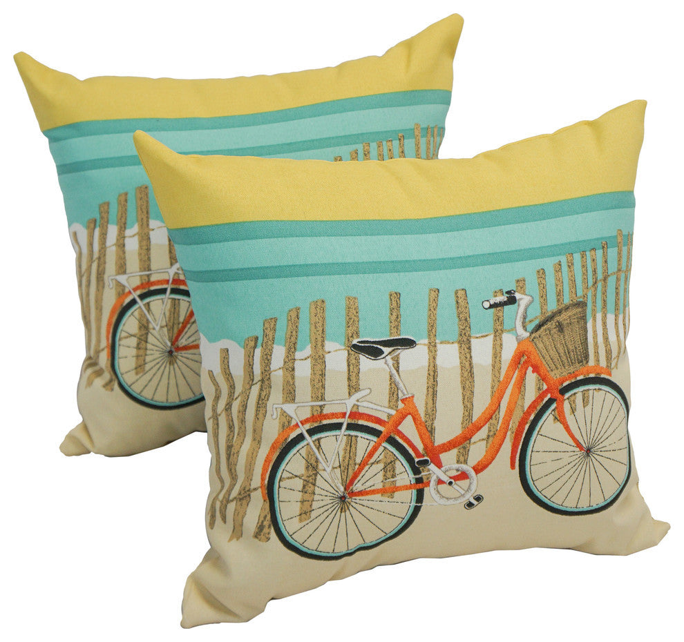 17" Outdoor Throw Pillows, Set of 2, Bicycle on the Beach