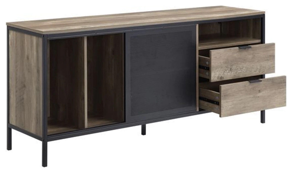 Benzara BM266445 TV Stand With Metal Frame, Rustic Oak Brown and Black