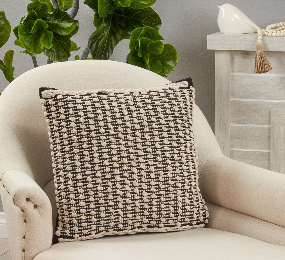 Poly Filled Throw Pillow With Knotted Design, 20"x20", Black/White