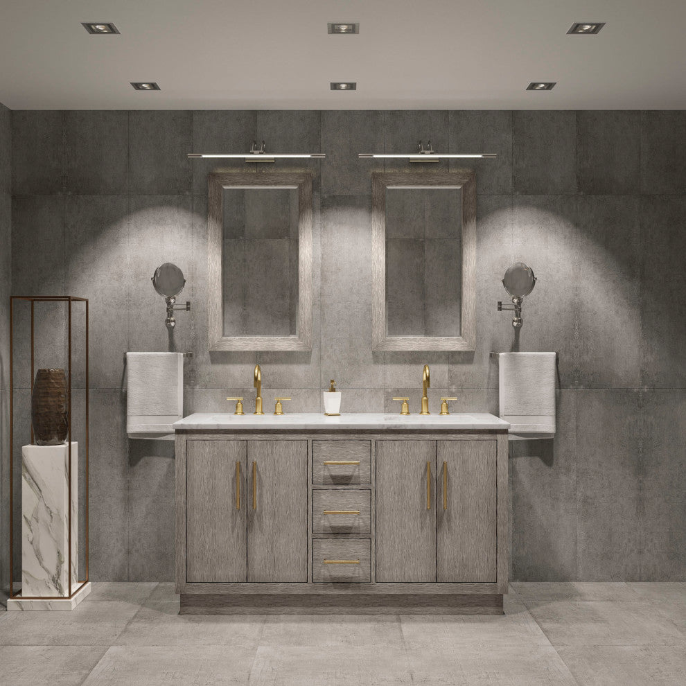 Hugo Carrara White Marble Countertop Vanity in Gray Oak, Satin Gold Hardware, 60", Vanity With Gooseneck Faucet