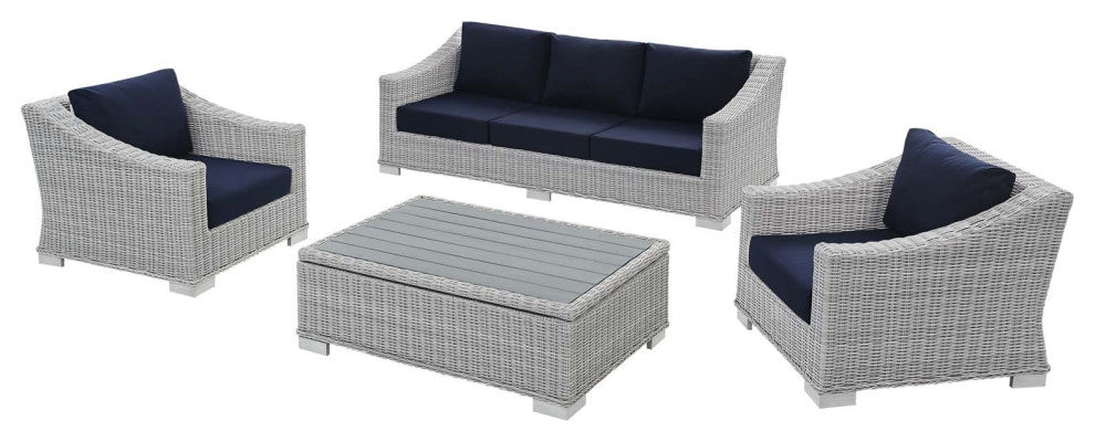 Lounge Sofa Chair Table Set, Rattan, Wicker, Gray Blue Navy, Outdoor