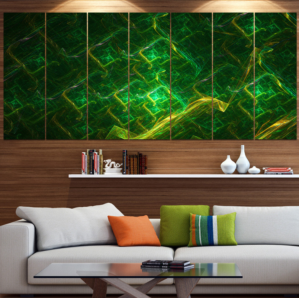 Green Fractal Electric Lightning, Abstract Art on Canvas, 83"x32", 7 Panels
