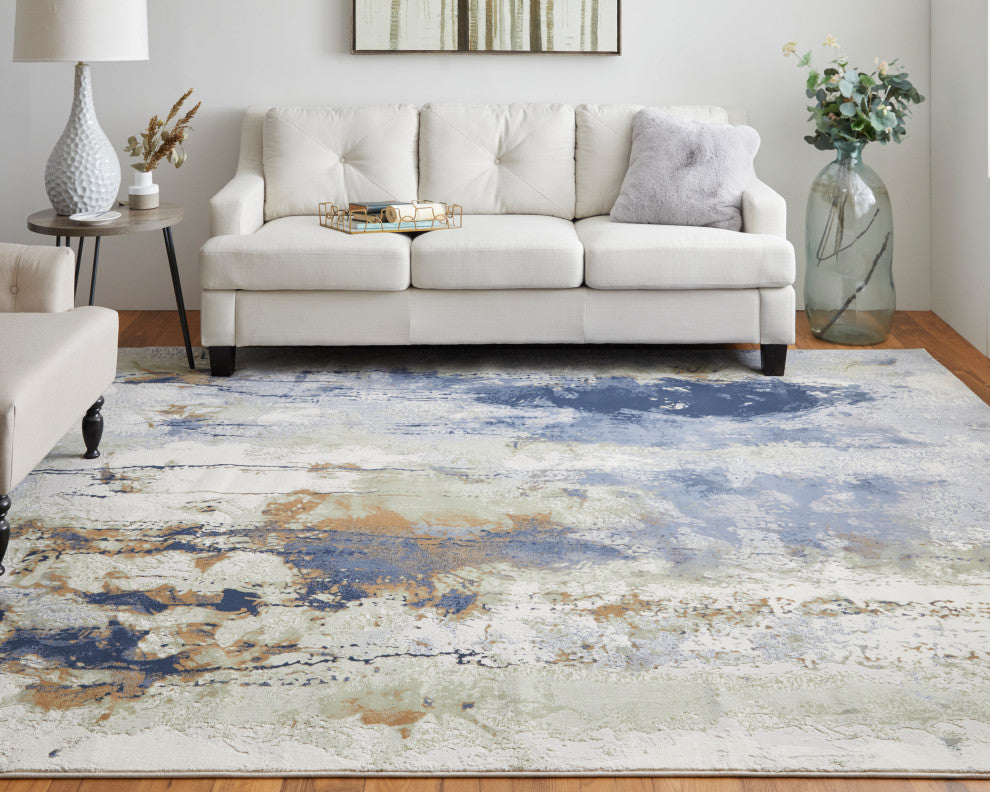 Takara Modern Abstract, Blue/Orange/Ivory, 10'x13'2" Area Rug