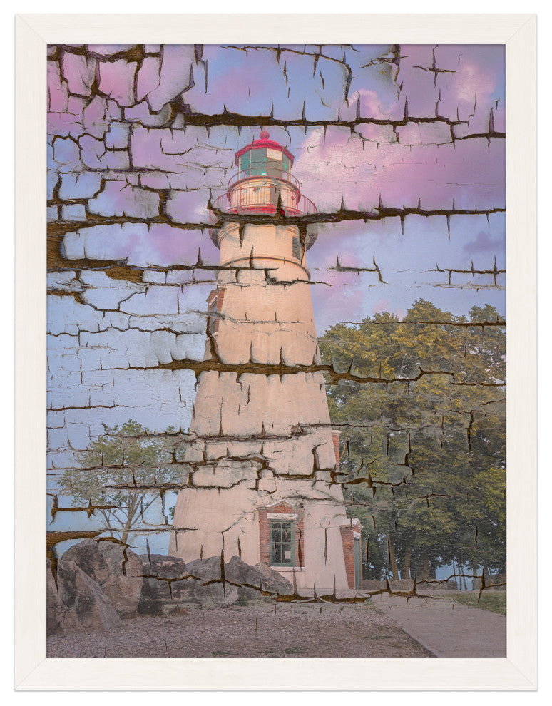 Faux Wood Texture Marblehead Lighthouse at Sunset Framed Photo Wall Art Print, White, 11" X 14"