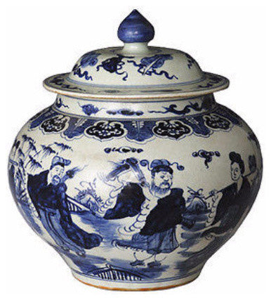 Blue and White Porcelain Ginger Jar 8 Immortals Motif 16" With Lid