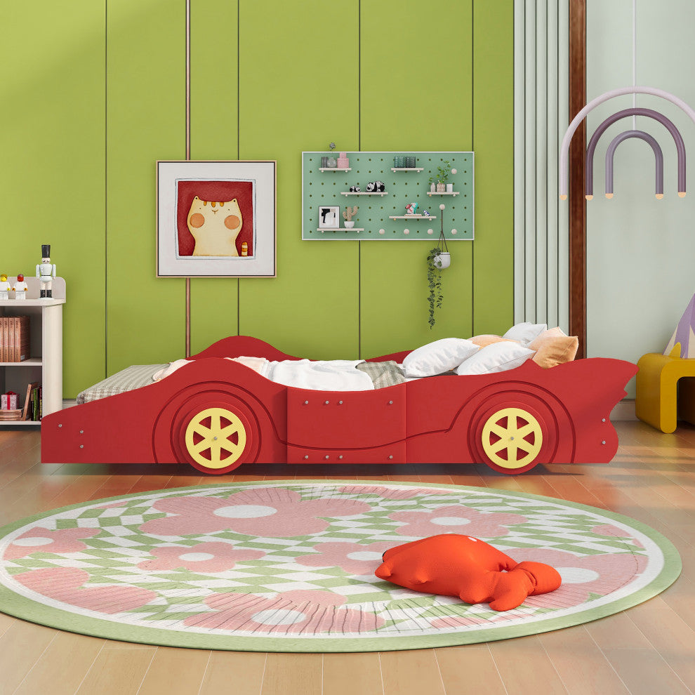 Gewnee Wood Full Size Car Shaped Platform Bed with Wheels for Kids in Red
