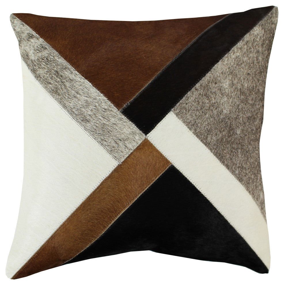 Natural Geo Brown/Gray/White Abstract Geometric Cowhide Throw Pillow