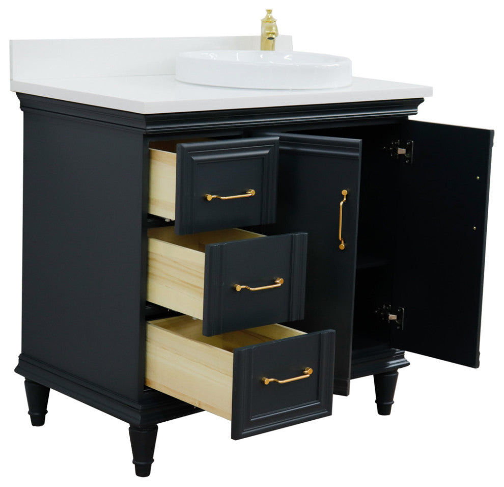 37" Single Vanity, Dark Gray Finish With White Engineered Stone Top
