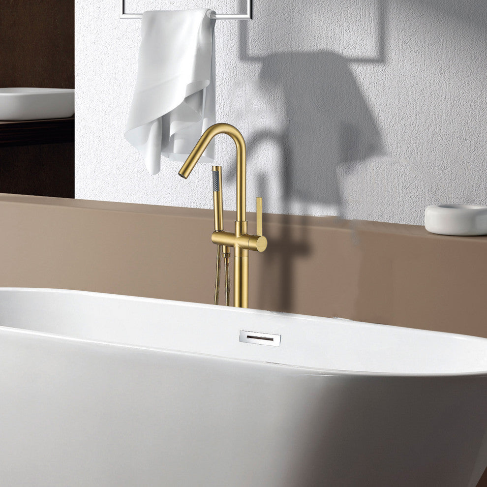 Floor Mounted Stainless Steel Handle Bathtub Faucet, Handheld, Brushed Brass