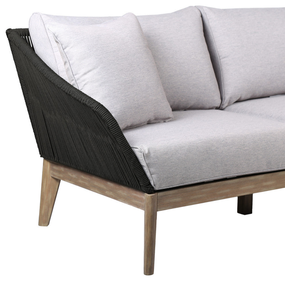 Athos Outdoor 3 Seater Sofa With Latte Rope and Gray Cushions, Light Eucalyptus
