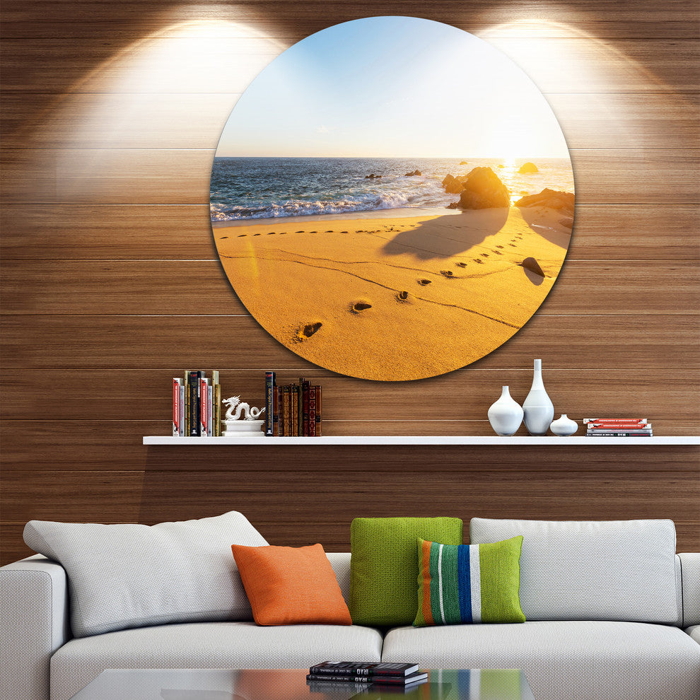 Footprints On Beach Sand, Modern Beach Disc Metal Artwork, 23"