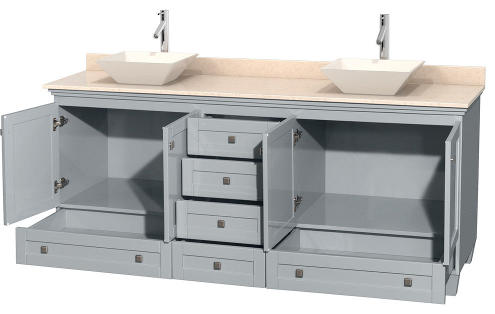 Acclaim Vanity, Oyster Gray, 80", Pyra Bone Porcelain, Ivory Marble