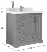 Boston 36" Center Sink Bath Vanity in Alabaster 2" Viola Gold