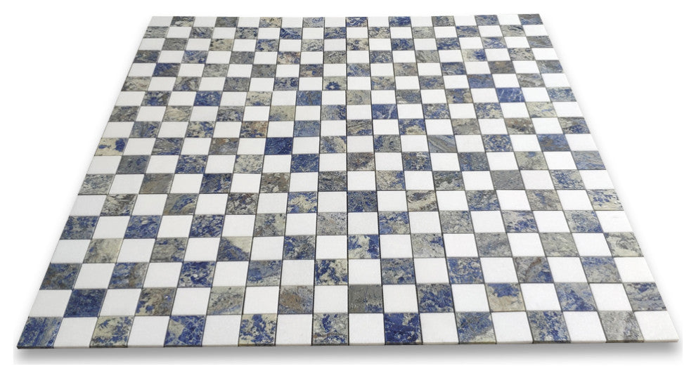 Thassos White Azul Macaubas Blue Marble Checkerboard Mosaic Tile Honed, 1 sheet