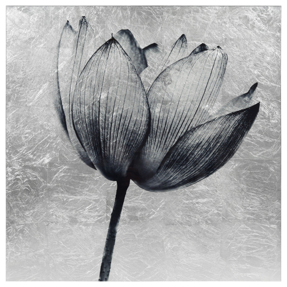 "Lotus" Reverse Printed on Tempered Glass With Silver Leaf Wall Art
