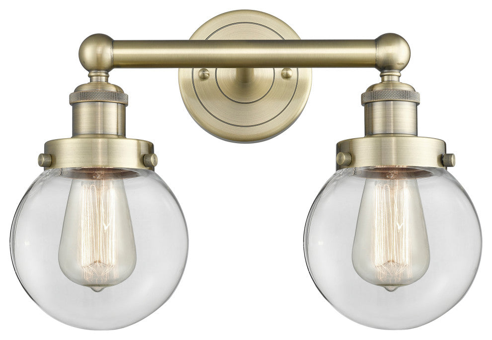 Small Edison Beacon 2-Light 16" Vanity Light, Antique Brass Finish, Clear Shade