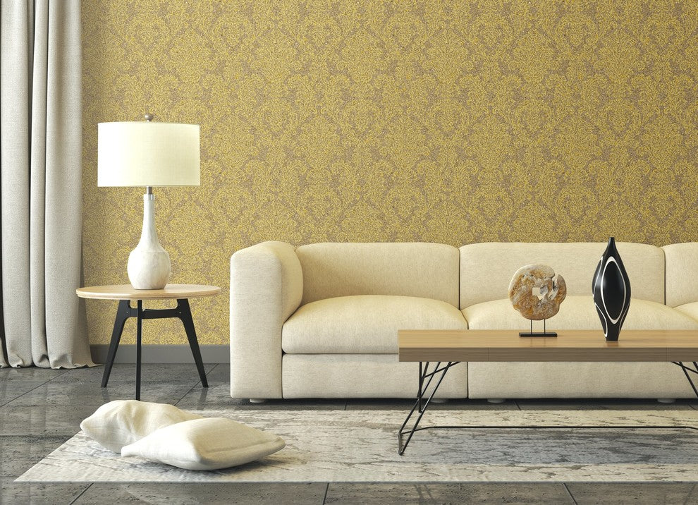 Serendipity 2, Traditional Damask Solid Wallpaper, Yellow, Sample