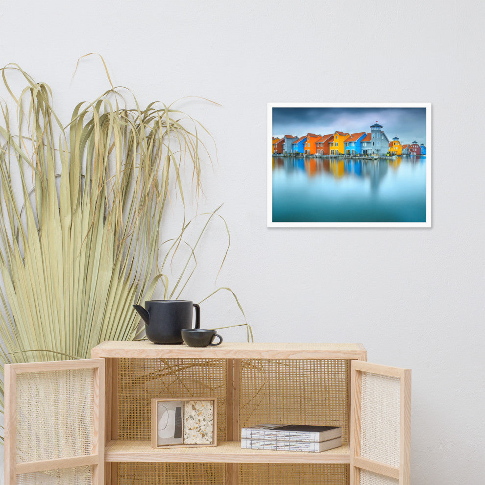 Blue Morning at Waters Edge Landscape Framed Photo Paper Wall Art Prints, White, 18" X 24"