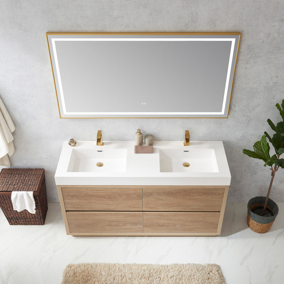 Huesca Bath Vanity, Integrated Sink Top, North American Oak, 60" Double Sink, With Mirror