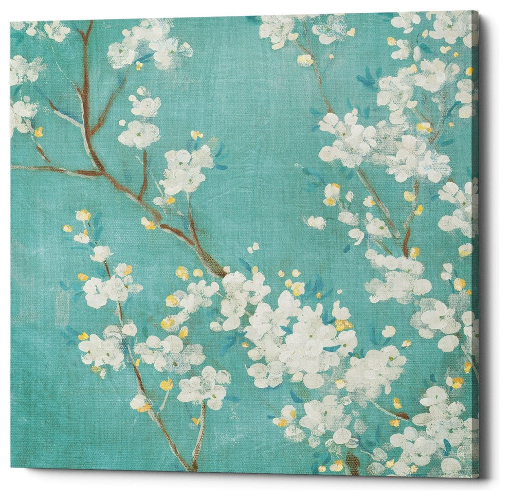 "White Cherry Blossom II on Blue" Giclee Canvas Wall Art, 18"x18"