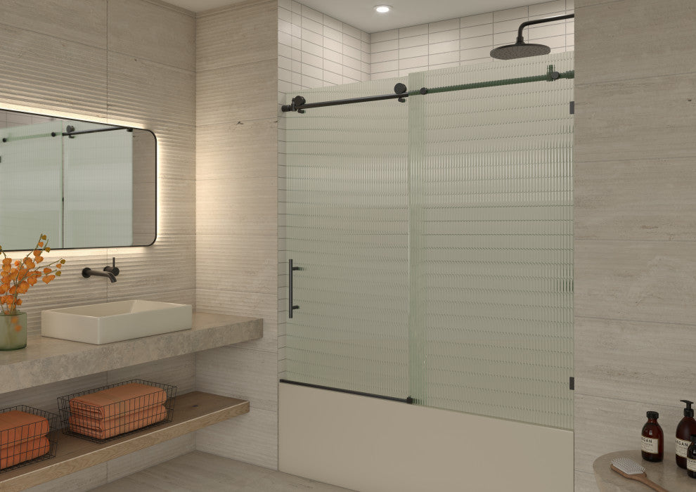 Galaxy 60"x60" Frameless Glass Sliding Bathtub Doors, Matte Black, Left