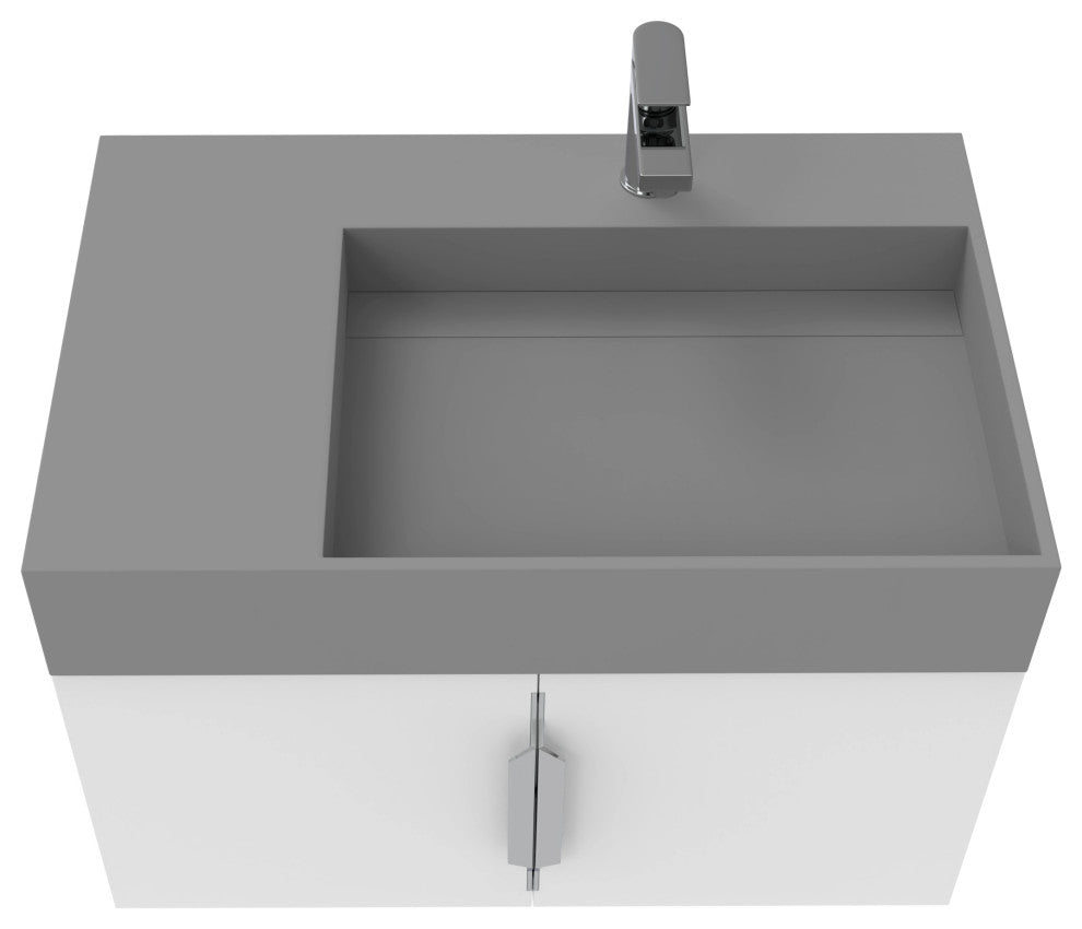 CastelloUSA Amazon 30" Right Wall Mounted Bathroom Vanity Set, White, Gray Top, Brushed Nickel