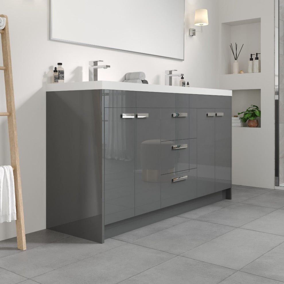 Eviva Lugano 60" Gray Modern Double Sink Bathroom Vanity With White Top