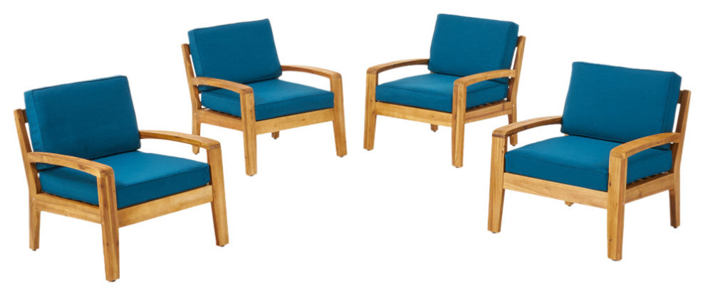 Monterey Outdoor Acacia Wood Club Chairs With Cushions, Set of 4, Teak Finish and Dark Teal