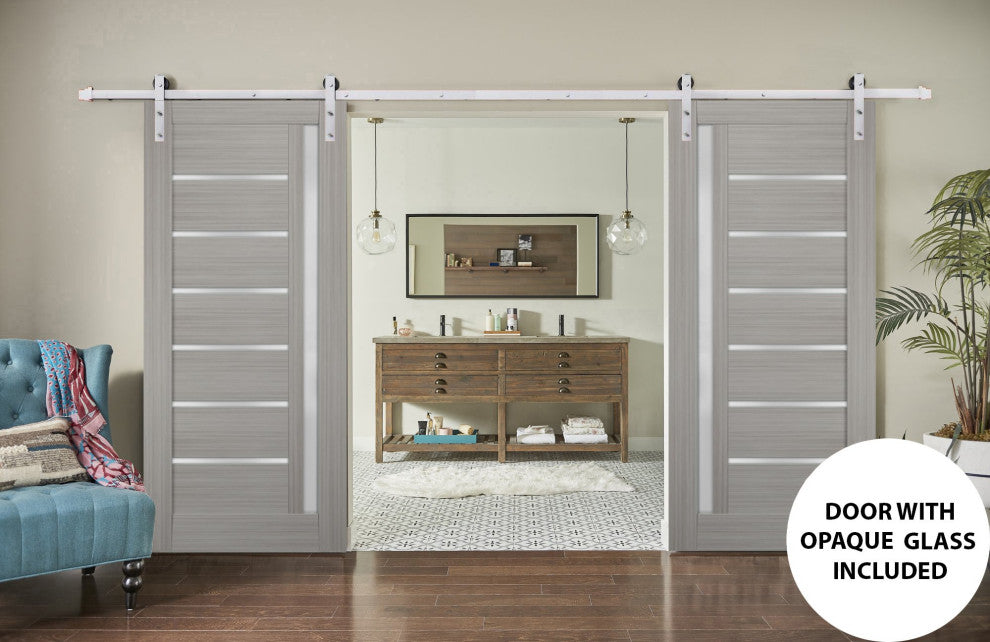 Double Barn Door 72 x 96 Frosted Glass, Quadro 4088 Grey Ash, Silver 13FT