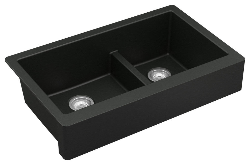 Karran Retrofit Farmhouse Quartz 34" Double Offset Bowl Sink, Black
