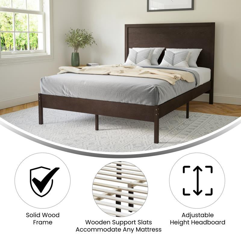 Asher Solid Wood Platform Bed with Wooden Slats and Headboard, Dark Brown, Full