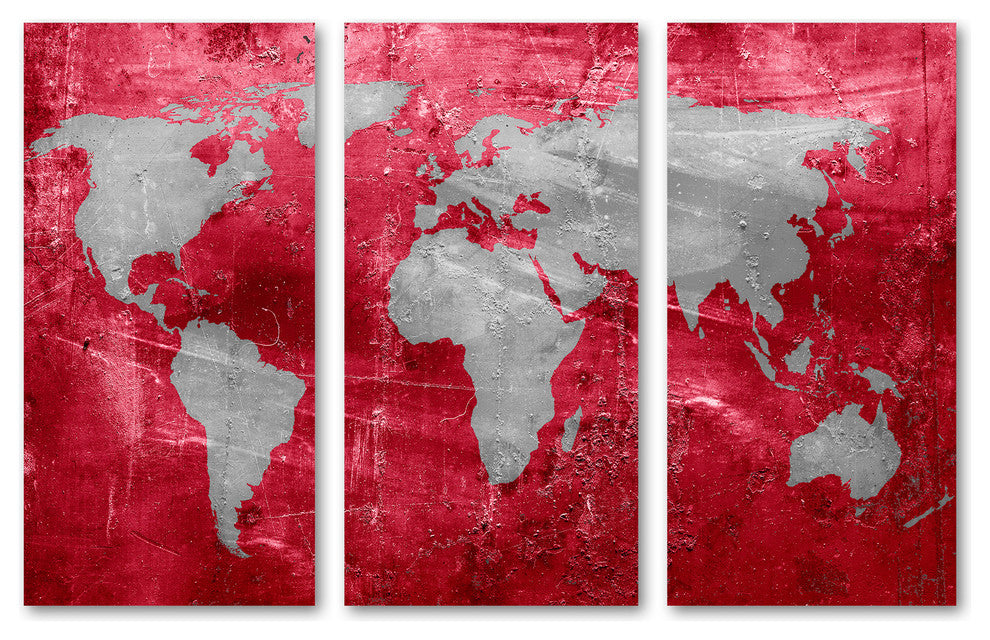 Red and Silver World Map Canvas Print, 3 Panel Split, Triptych Wall Art, 45x30