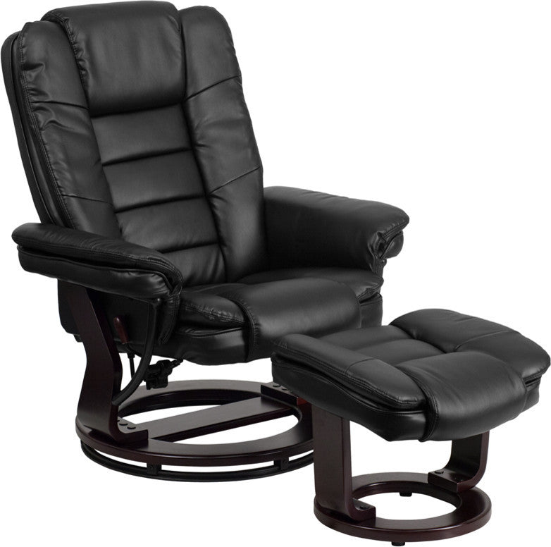 Leather Recliner and Ottoman, Mahogany Wood Base, Black Leather