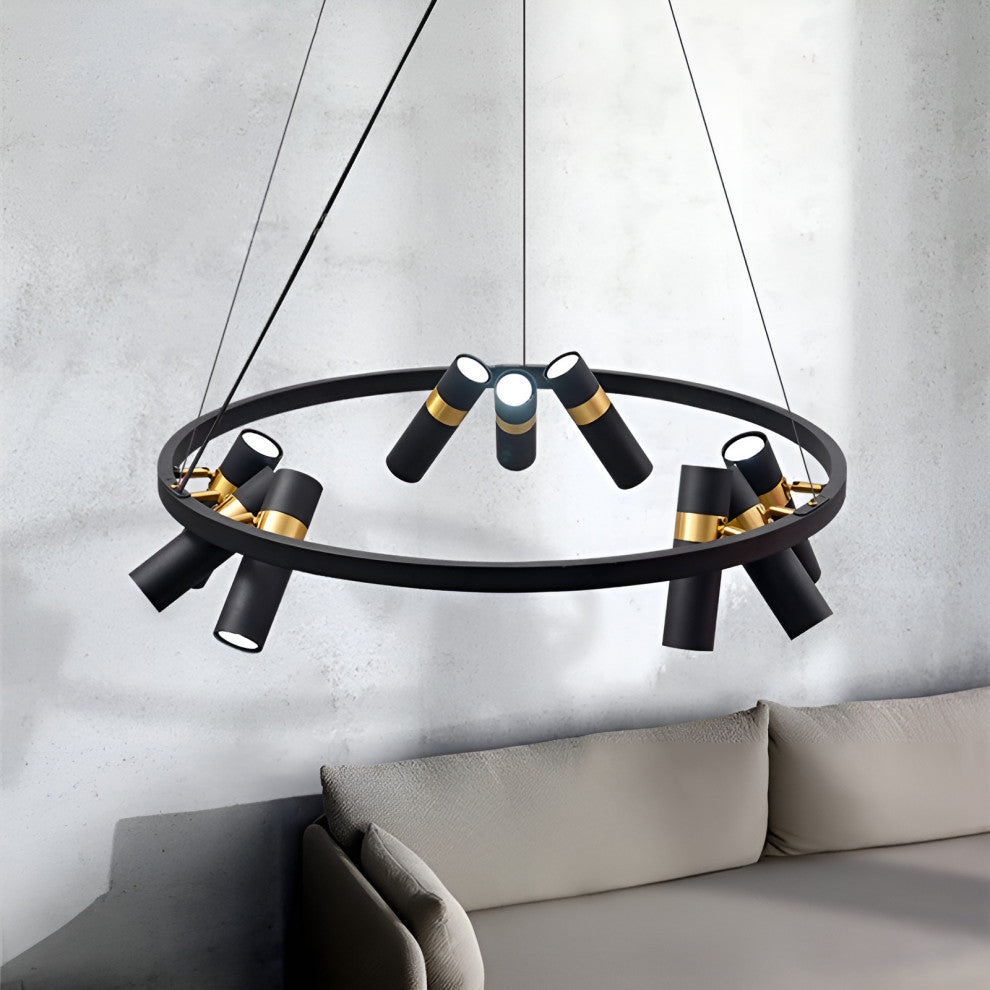 Celerina/Schlarigna | Round Black Metal LED Pendant Light, 9 Heads, Warm Light