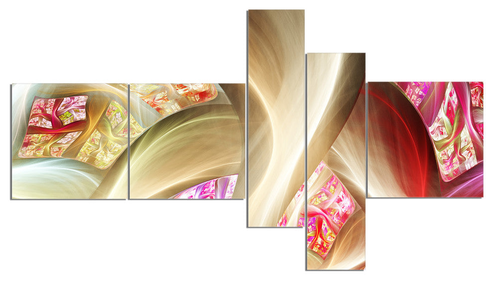 Golden Red Fractal Plant Stems, Abstract Canvas Art Print, 60"x32", 5 panels