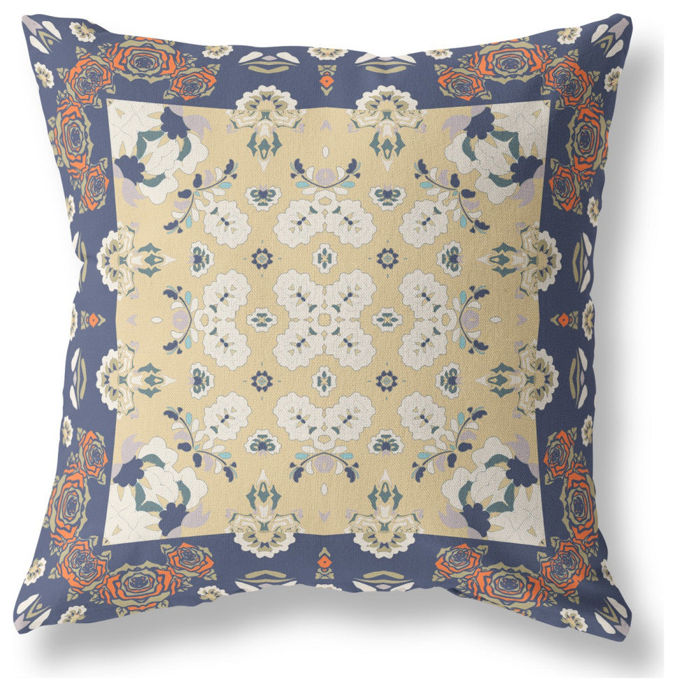 18" Blue Yellow Rose Box Indoor Outdoor Zippered Throw Pillow