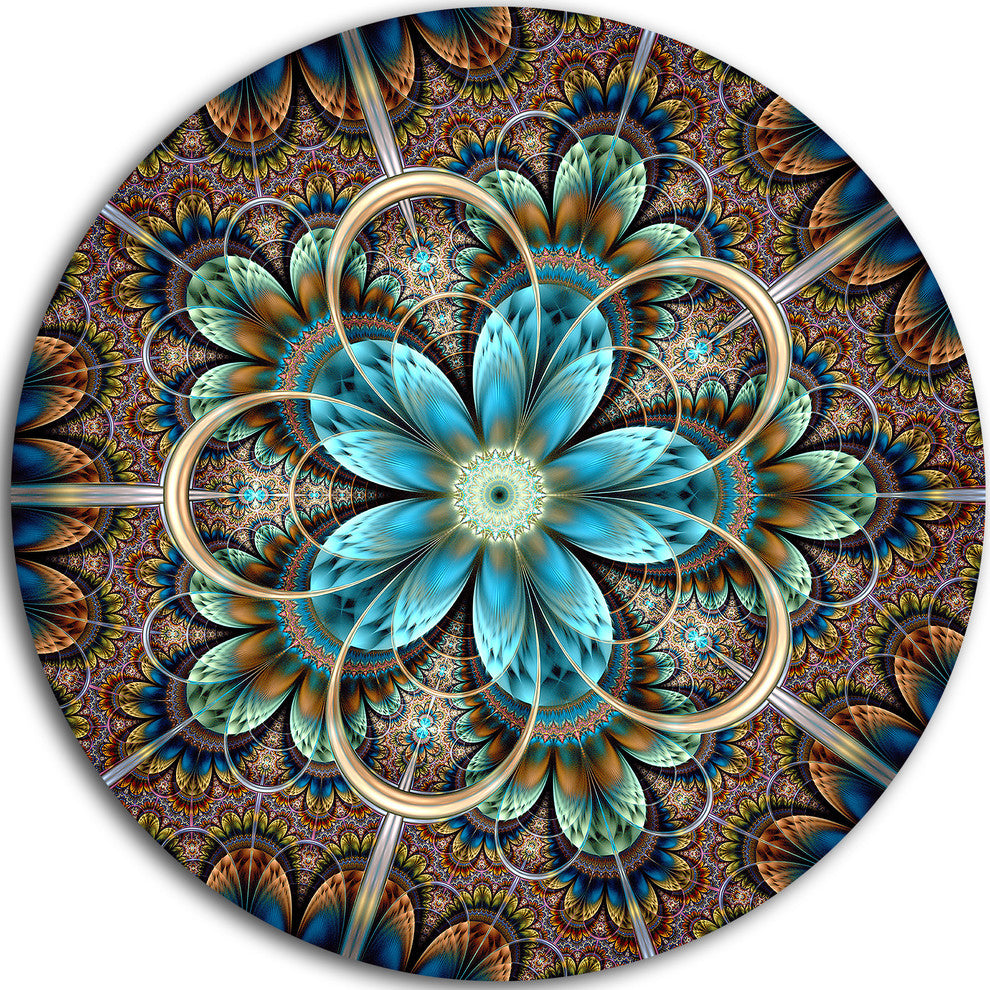 Brown Blue Fractal Flower, Floral Disc Metal Wall Art, 11"