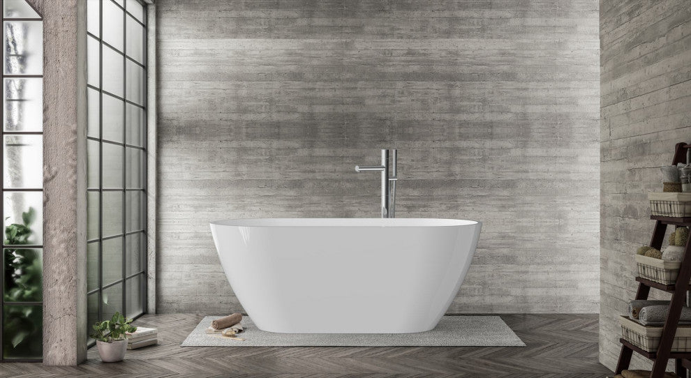 Acrylic Freestanding Bathtub, Oval Glossy White With Drain and Overflow Cover, 59"