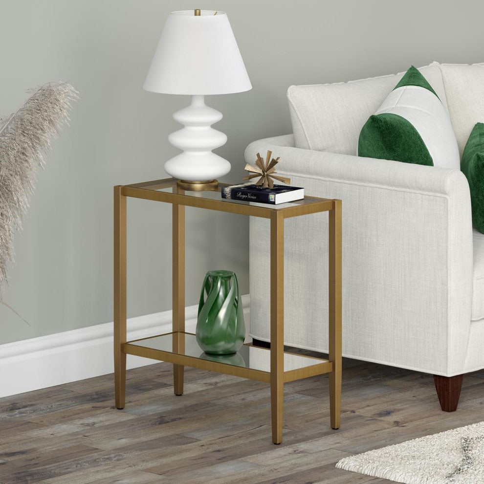 Hera 24'' Wide Rectangular Side Table With Glass Shelf In Antique Brass